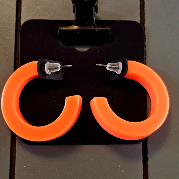 Orange Hoop Earrings 1.2" Retro 1980s Neon Chunky Pierced Acrylic Gift Bag Y2K - Picture 2 of 7